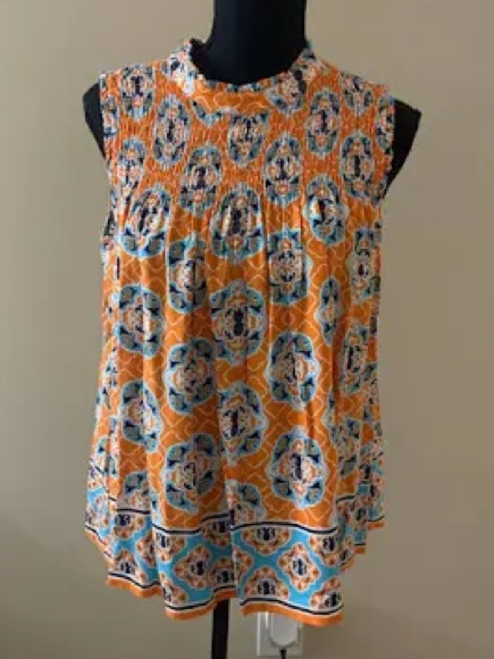 Crown & Ivy: CL, Sleeveless Orange & Blue Patterned Women’s Top